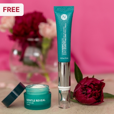 Image of Gentle Reveal Lip Scrub next to Image of Lip Plumping Serum with flowers In background.